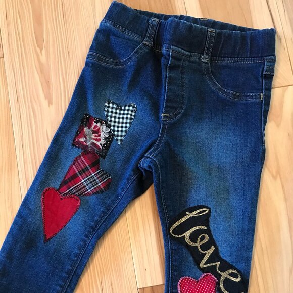 Upcycled Patchwork Jeans, Toddler Size 24 Months: Handmade Heart & Love Patches - Picture 7 of 15